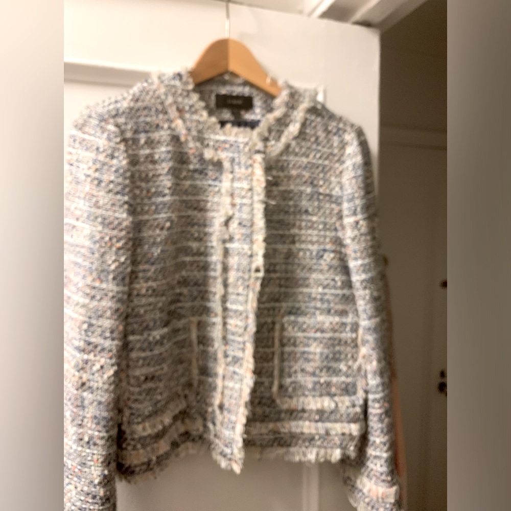 J Crew Tweed Fringe Jacket Navy Multicolor Size 8